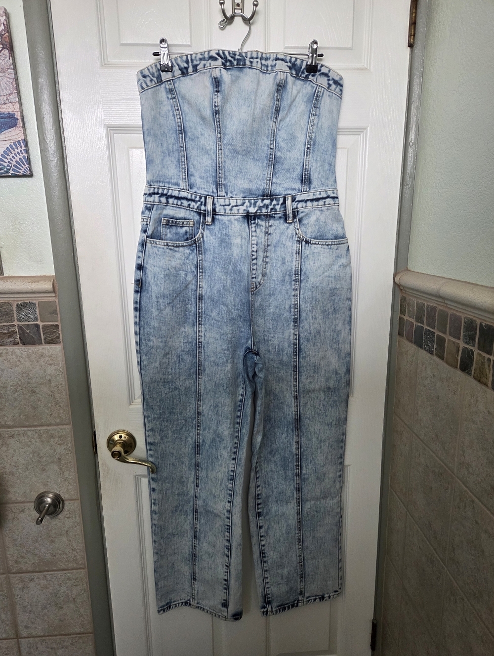 PrettyLittleThing Acid Wash BlueDenim Strapless Jumpsuit Western Boho Glam Y2K 8